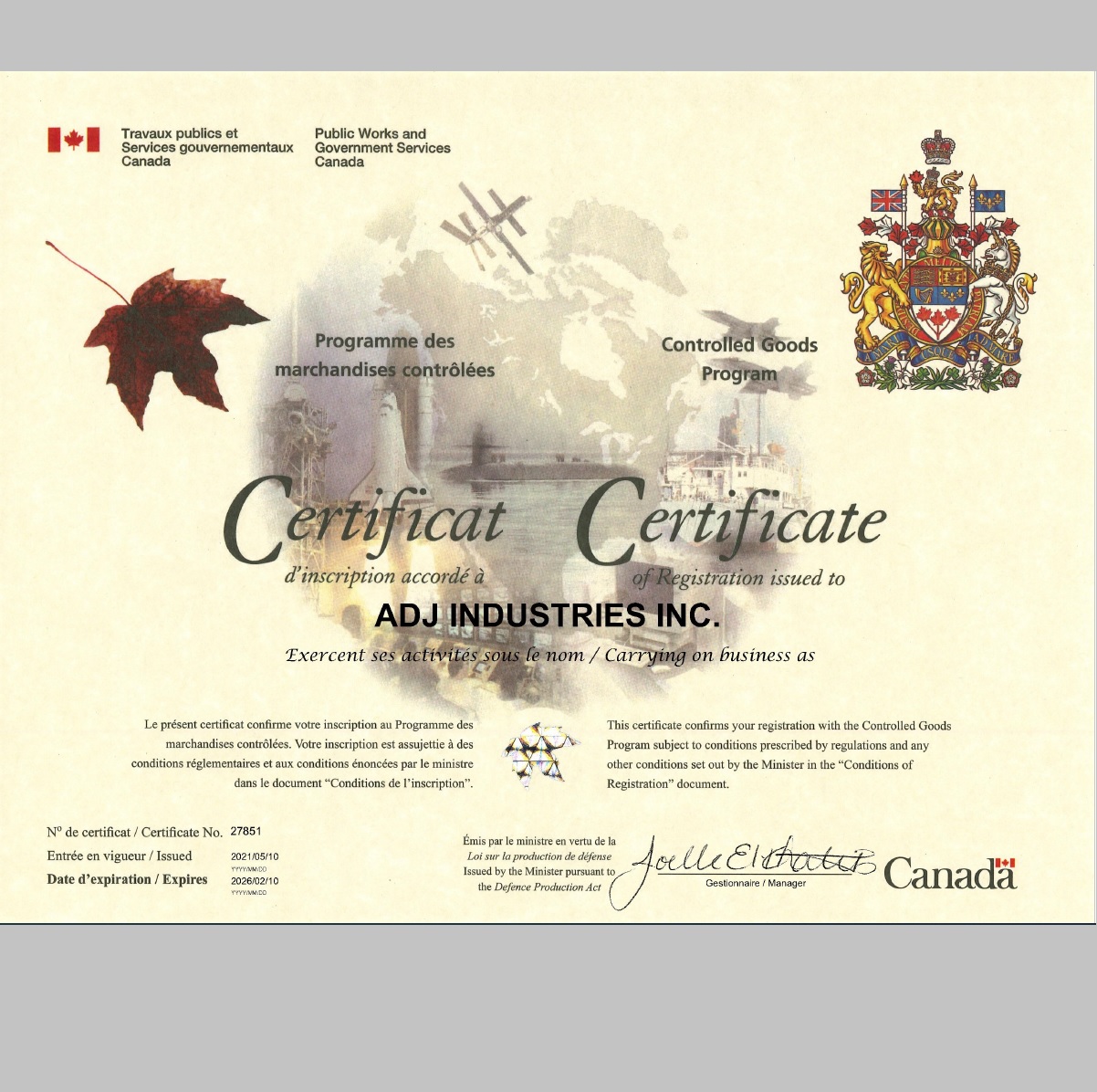 ADJ Industries Inc. CGP Certification 27851