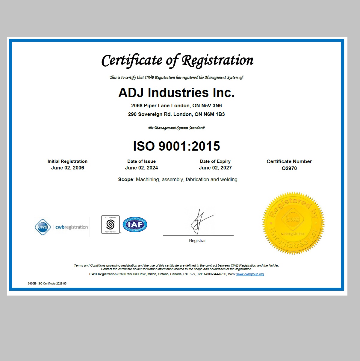 ISO 9001:2015 CWB Registered